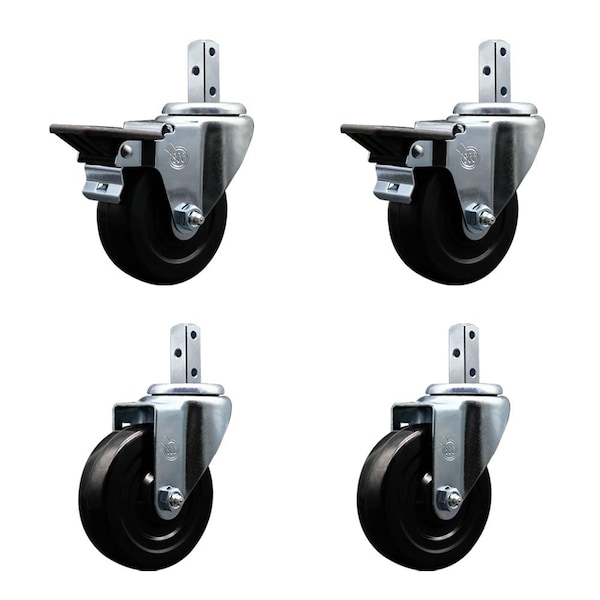 4'' Hard Rubber Wheel Swivel 7/8'' Square Stem Caster Set 2 Brakes, 4PK